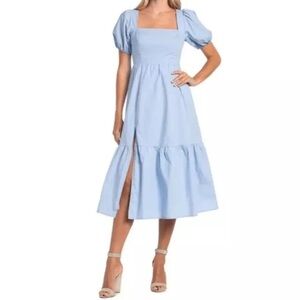 ASTR the label blue poplin tiered midi dress